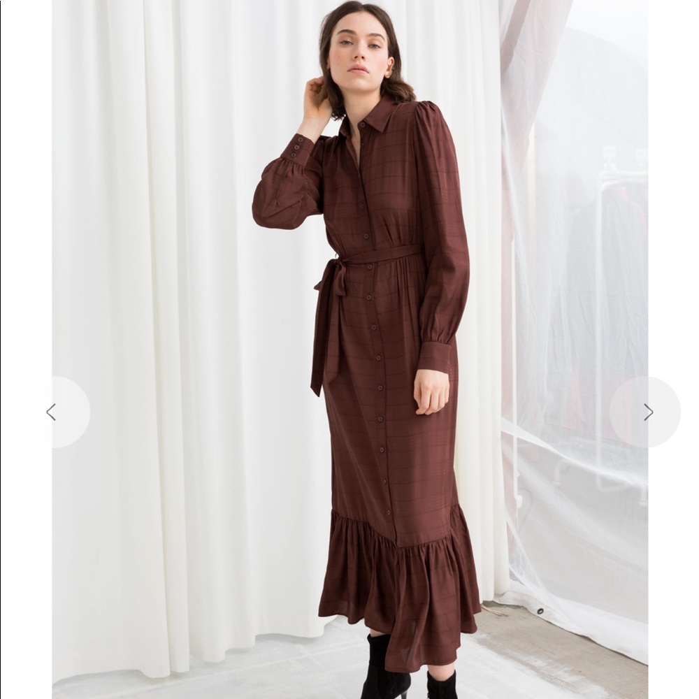 & Other Stories Burgundy Belted Ruffle Midi Shirt-dress